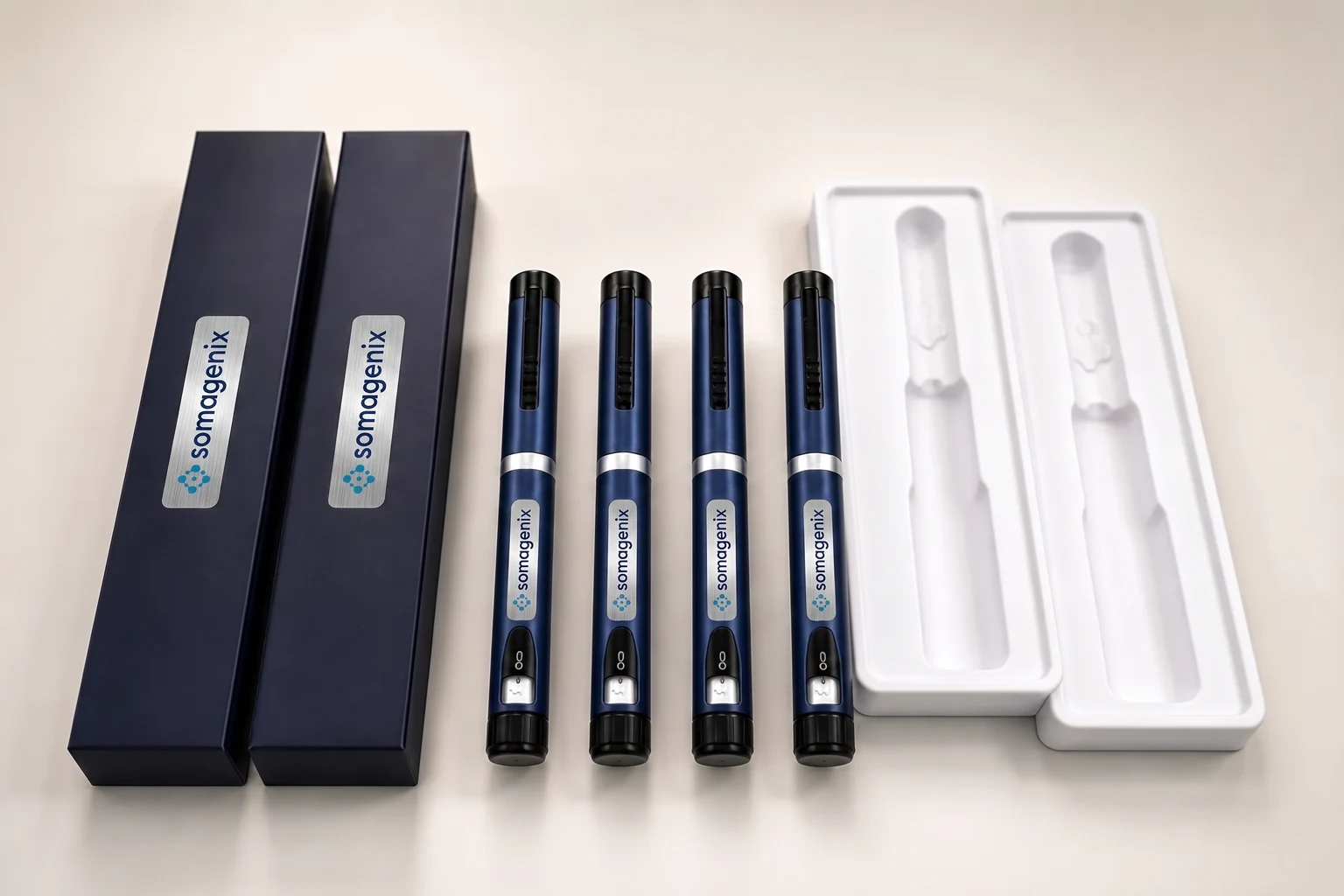 SomaGenix pen system: boxes, four silver-label pens, and cartridge trays